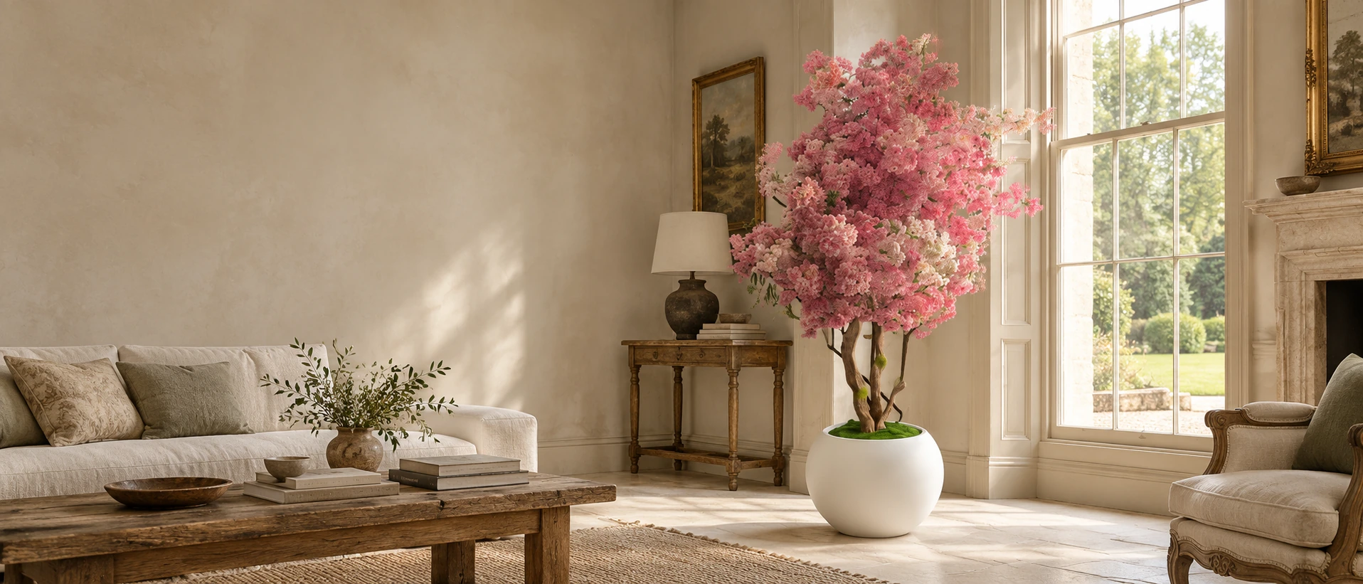 Blush blossom tree in its white planter in a sunlit country house