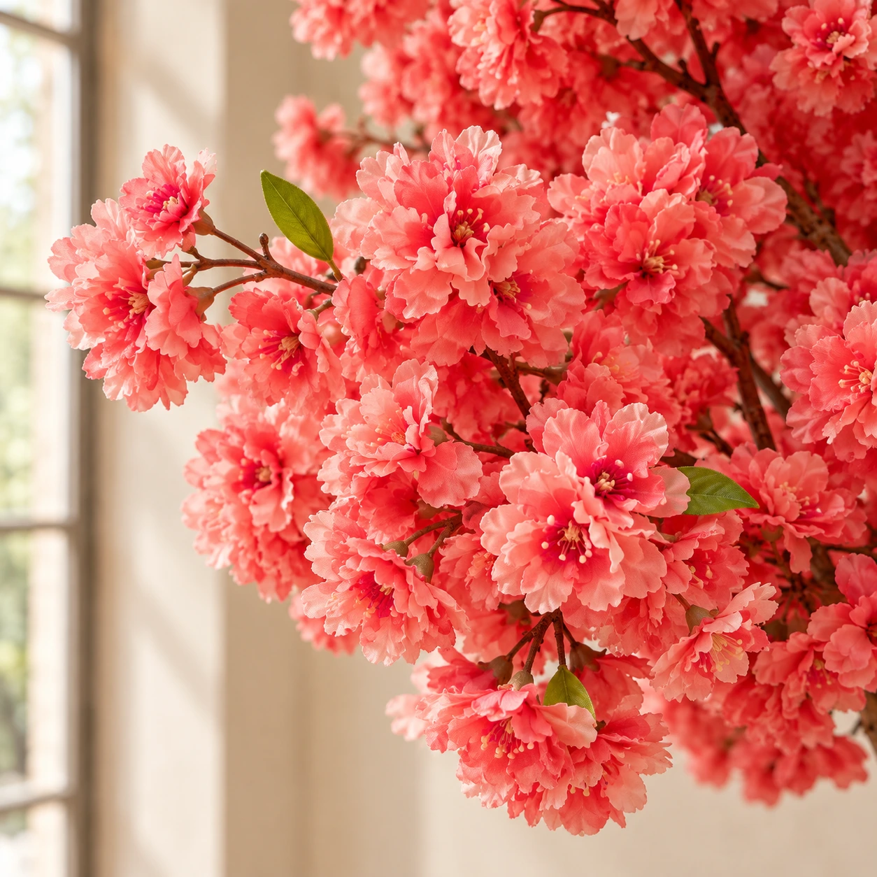 Close view of layered coral-pink blossoms and small green leaves, detail visualisation