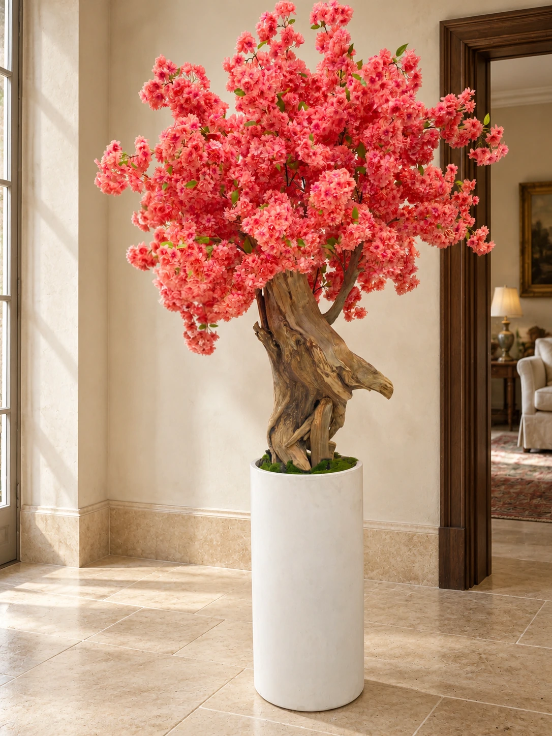 The full Collector’s Edition tree, sculptural trunk and tall white cylindrical planter in an interior visualisation