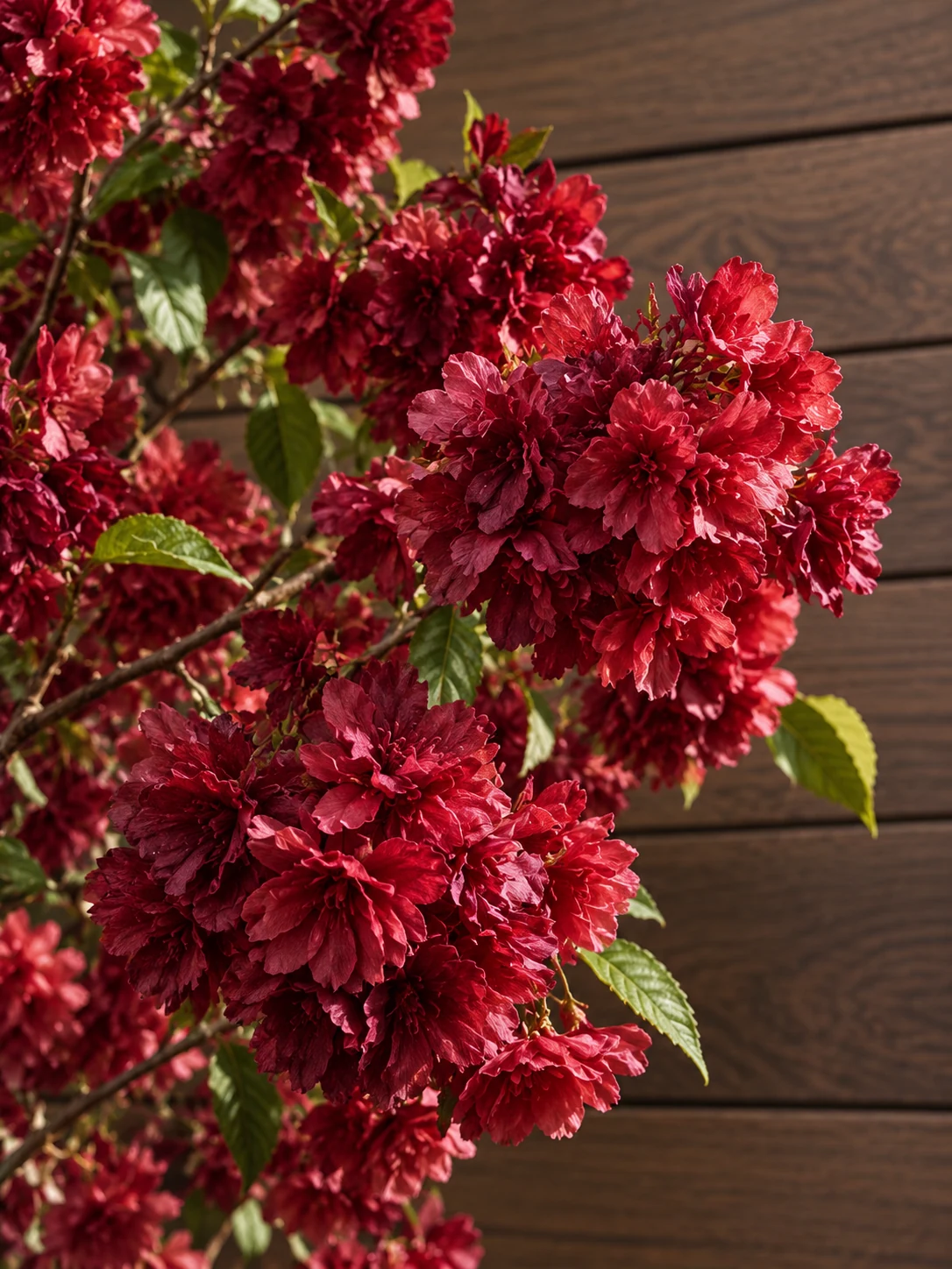 Close detail of crimson ruffled blossom against smoked oak