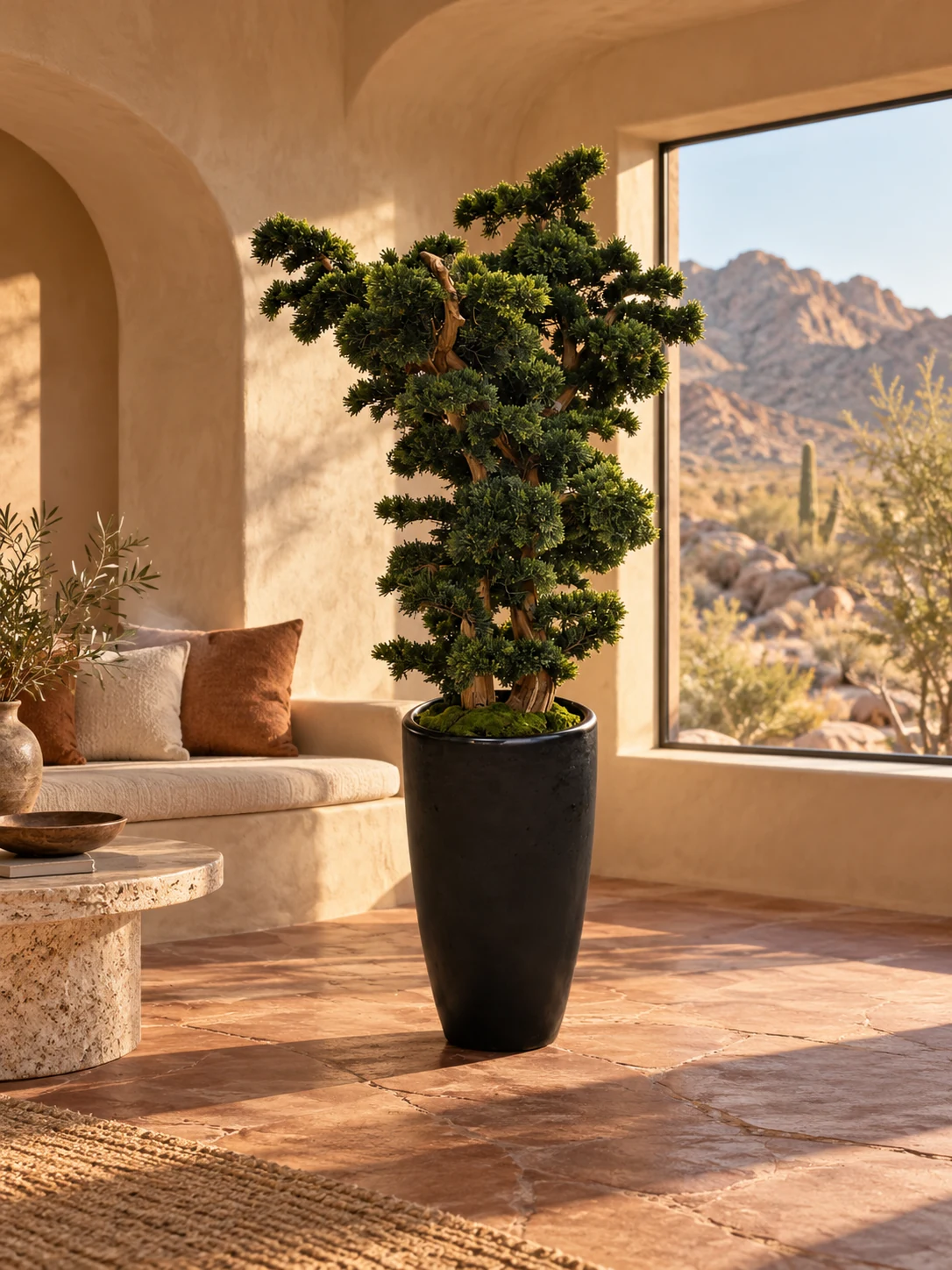 Bonsai tree in its tall black planter in a sunlit desert home
