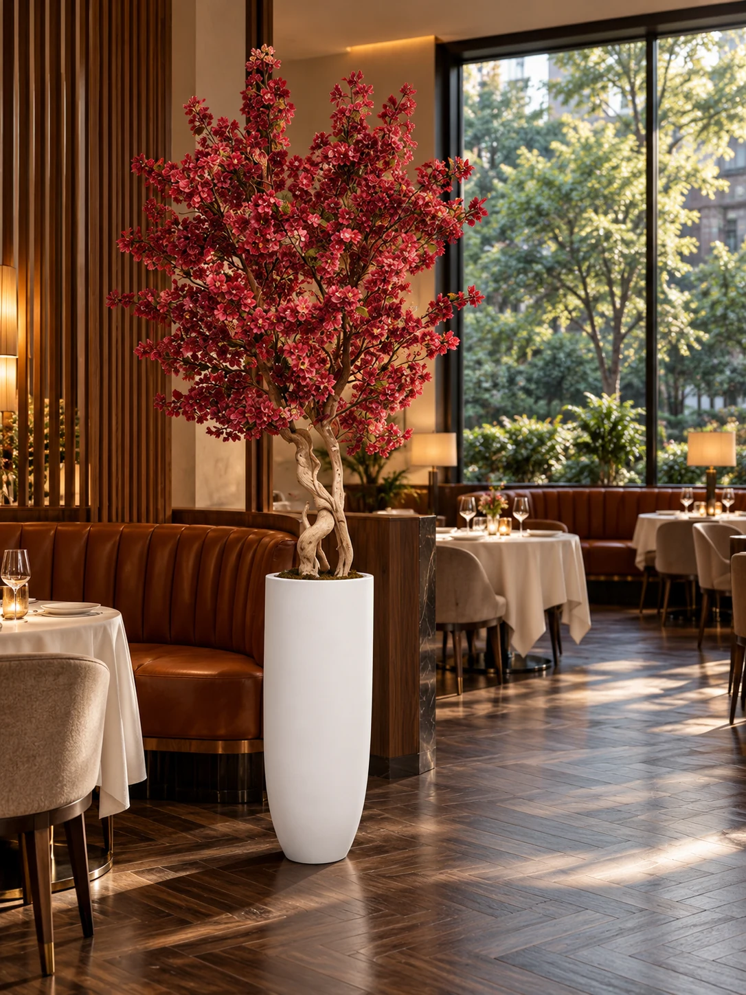 Burgundy St Lucia blossom tree in a refined restaurant lounge