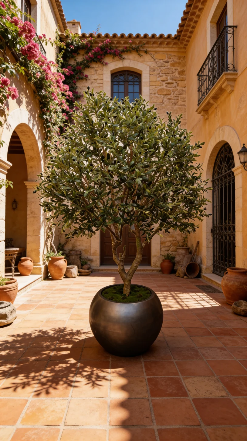 Sculptural olive tree in a bronze planter