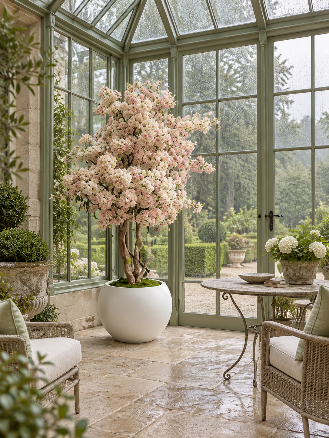 Champagne blossom tree in a glass orangery