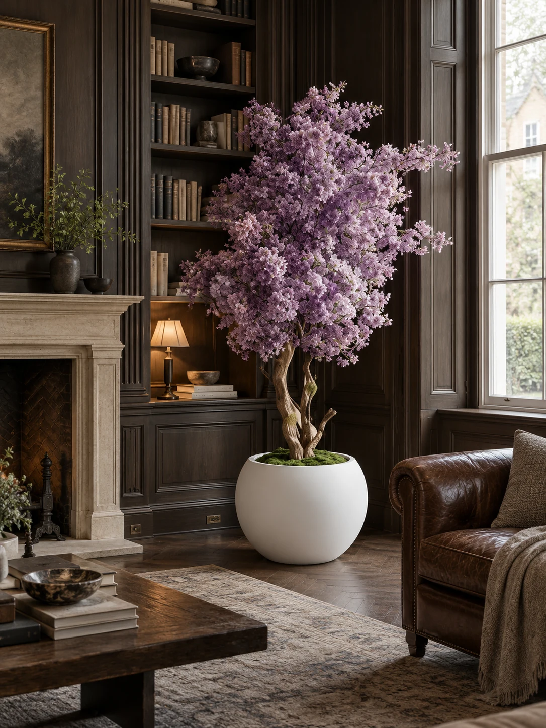 Lavender blossom tree with its white planter in a dark reading room