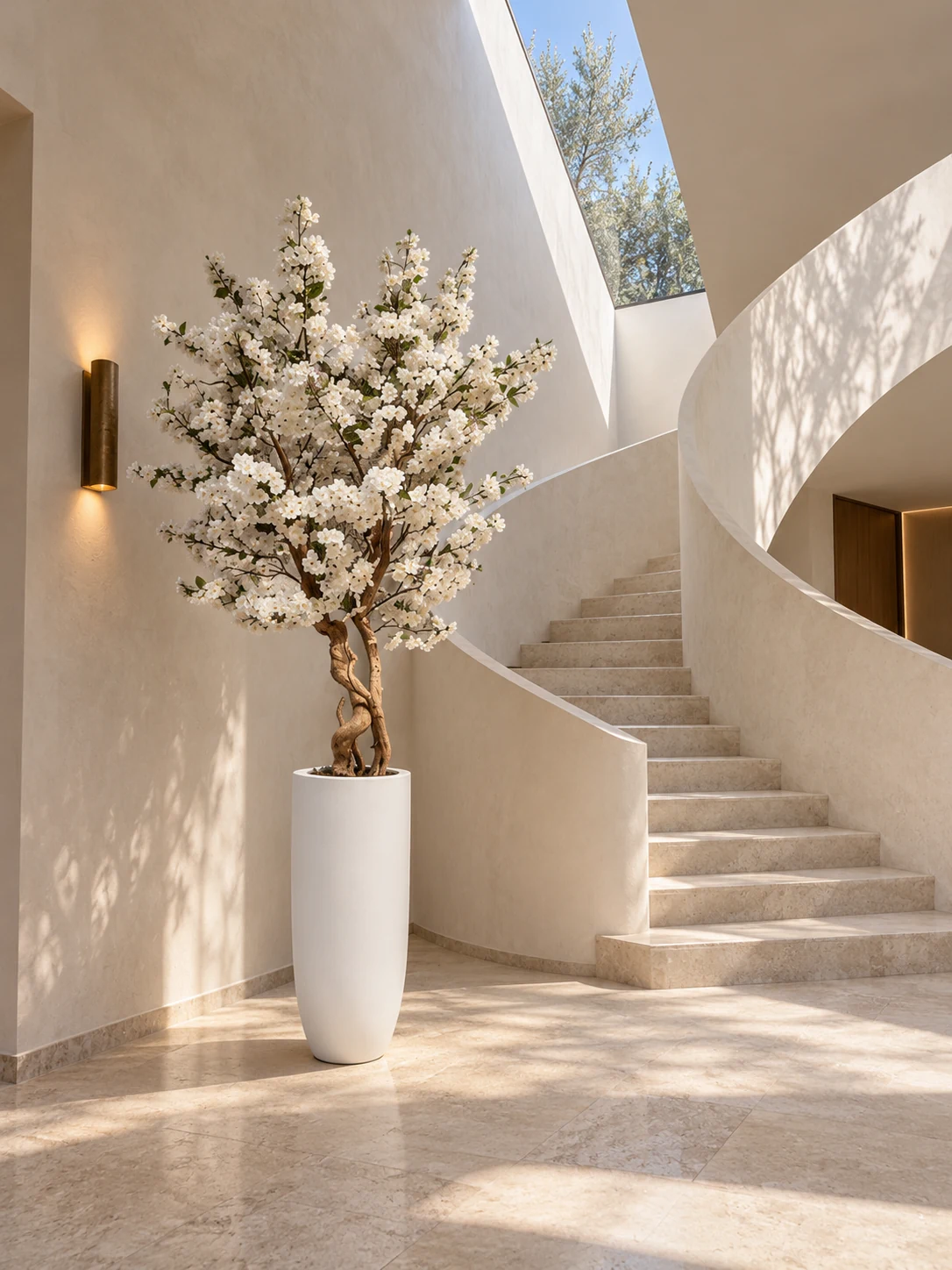 White St Lucia blossom tree beside a sculptural staircase